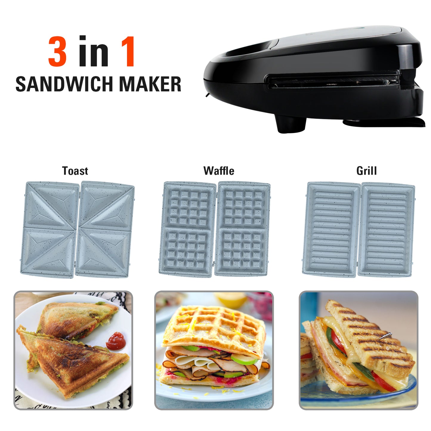 IBELL SM1301C 3-in-1 Electric Sandwich Maker 750W with Ceramic Coated Interchangable Plates for Toast/Waffle/Grill/Panini (Black)