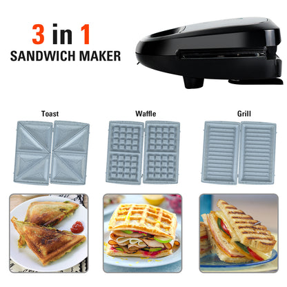 IBELL SM1301C 3-in-1 Electric Sandwich Maker 750W with Ceramic Coated Interchangable Plates for Toast/Waffle/Grill/Panini (Black)