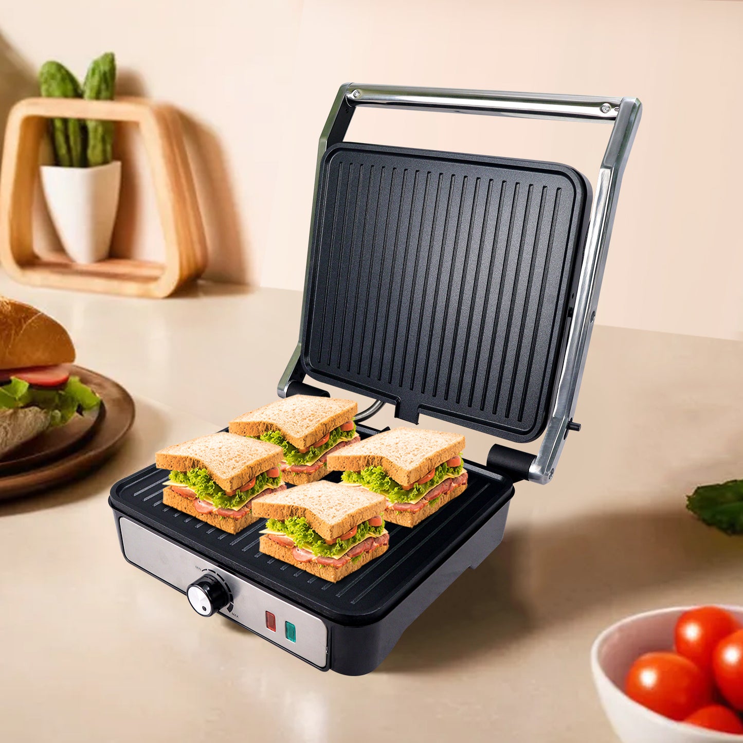 iBELL SM1320G Sandwich Maker Grill and Toast Electric, 2000W, Big Size Fits 4 Bread Slices, Thermostat Knob (Silver, 34 x 34 x 12 cm)