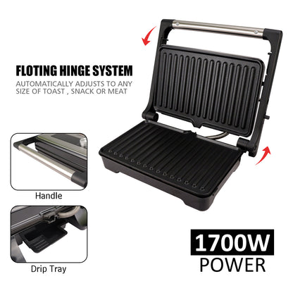iBELL SM1700G Sandwich Maker with Floating Hinges, 1700Watt, 180 Degree Openable Plates for Grill/Toast, Temperature Control Knob (Black)