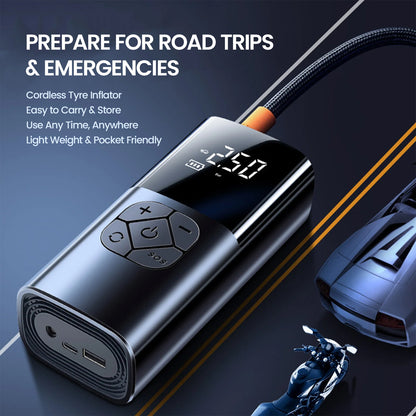 iBELL TI1070M Wireless Tyre Inflator — 60 W with 4000 mAh Rechargeable Battery, Type‑C Charging, 2× Faster Inflation, Smart Preset Modes for Car & Motorbike (Black)