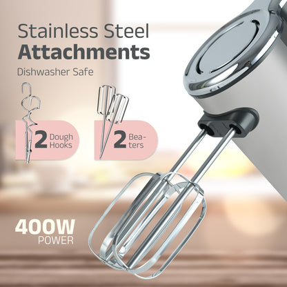 IBELL Plastic WHISK400 Electric Hand Mixer, 400W, Blender, Detachable Beaters & Dough Hooks, With Turbo Button 5 Speed Settings(Silver).