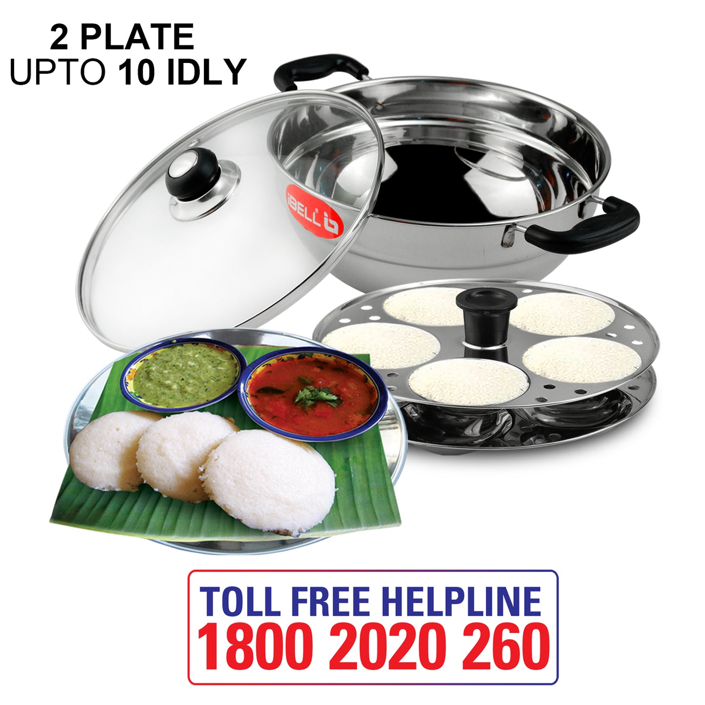 IBELL Stainless Steel Multi Purpose 3 liter Kadai with 2 idli Plate(10 Idli) and Glass Lid