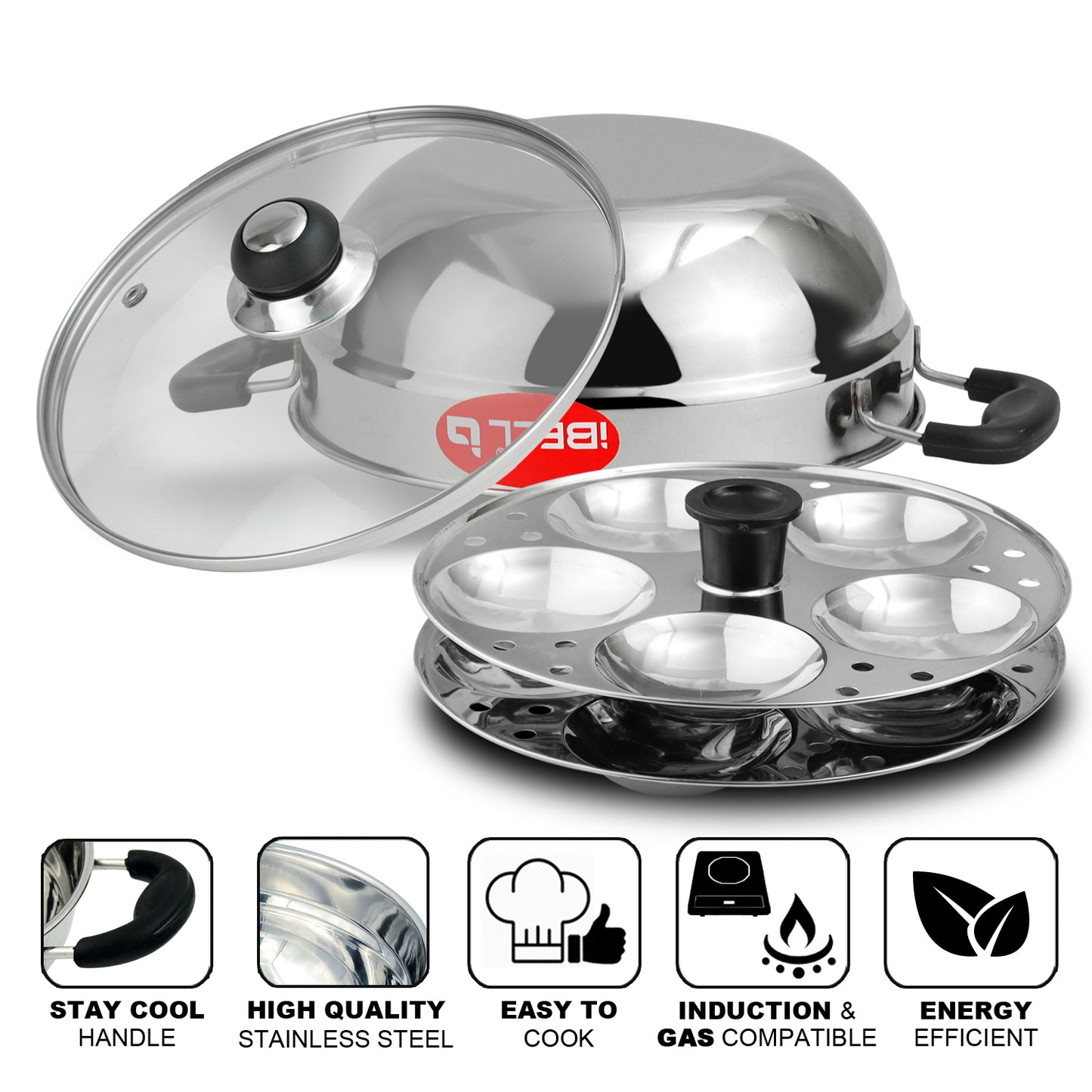 IBELL Stainless Steel Multi Purpose 3 liter Kadai with 2 idli Plate(10 Idli) and Glass Lid