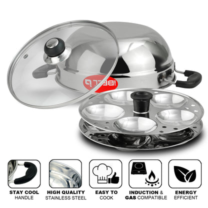 IBELL Stainless Steel Multi Purpose 3 liter Kadai with 2 idli Plate(10 Idli) and Glass Lid