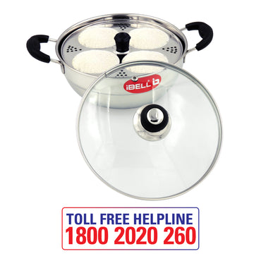 iBELL 2P08G Multi Purpose Kadai with Idli Maker Stainless Steel, 2 Plates 8 Idlies, with Glass Lid