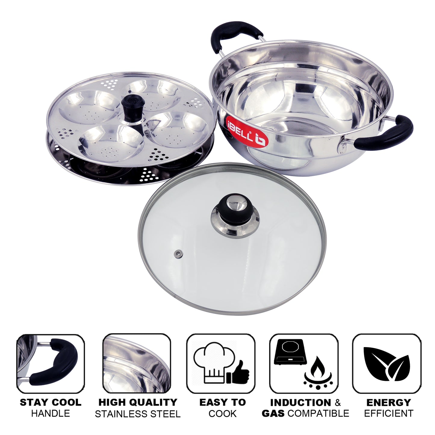 iBELL 2P08G Multi Purpose Kadai with Idli Maker Stainless Steel, 2 Plates 8 Idlies, with Glass Lid