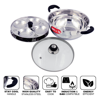 iBELL 2P08G Multi Purpose Kadai with Idli Maker Stainless Steel, 2 Plates 8 Idlies, with Glass Lid
