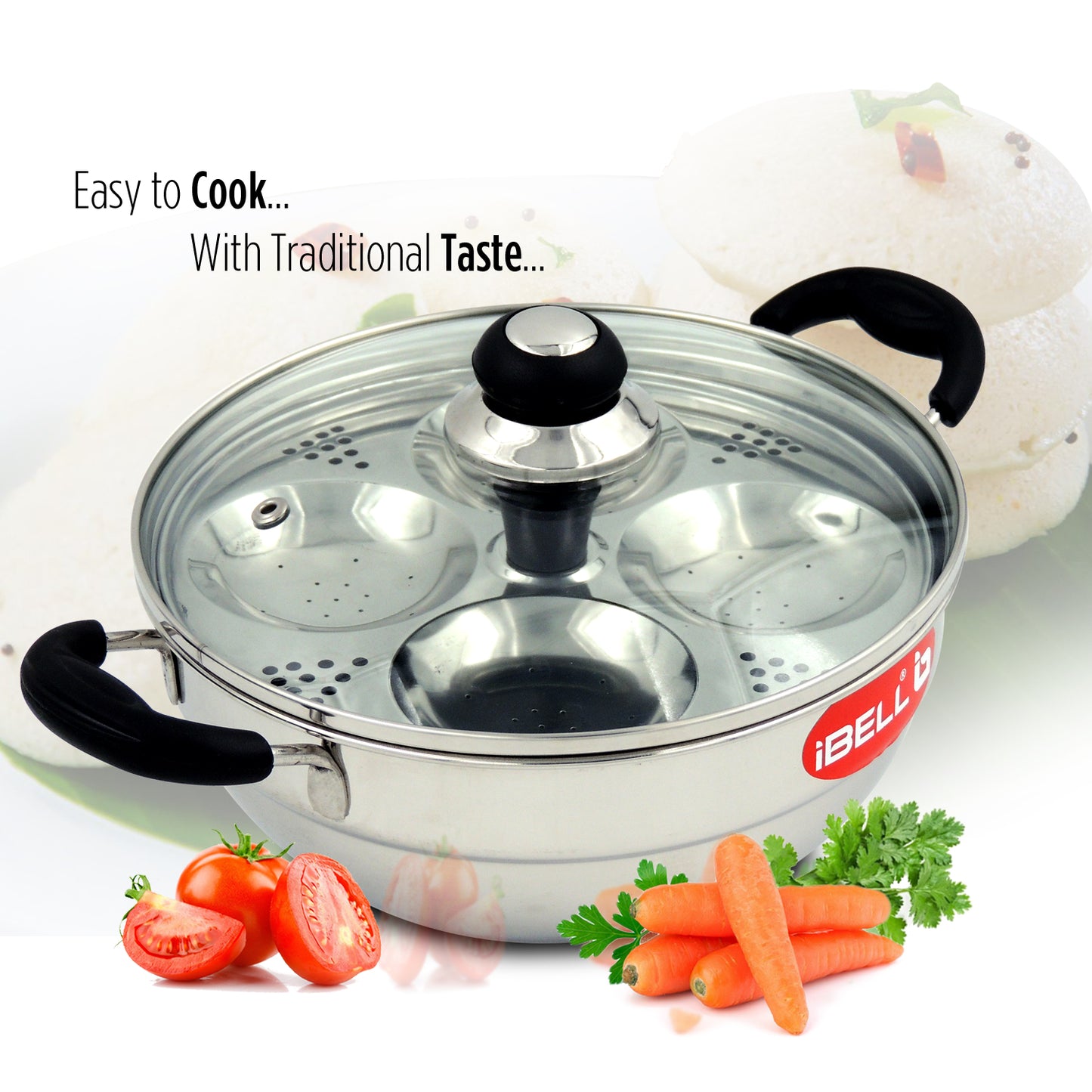 iBELL 2P08G Multi Purpose Kadai with Idli Maker Stainless Steel, 2 Plates 8 Idlies, with Glass Lid