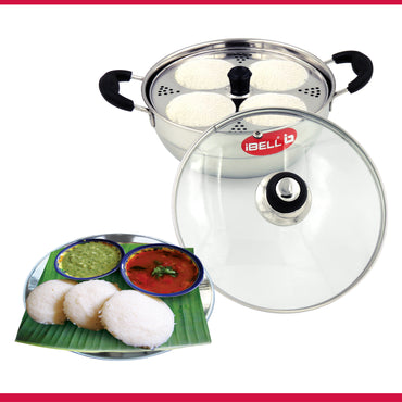 iBELL 2P08G Multi Purpose Kadai with Idli Maker Stainless Steel, 2 Plates 8 Idlies, with Glass Lid