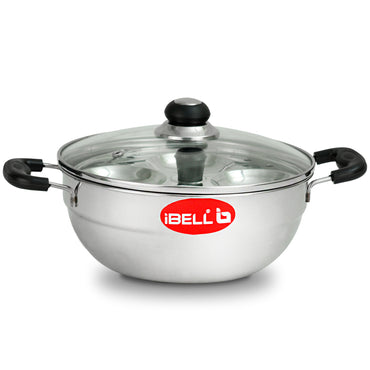 IBELL Stainless Steel Multi Purpose 3 liter Kadai with 2 idli Plate(10 Idli) and Glass Lid