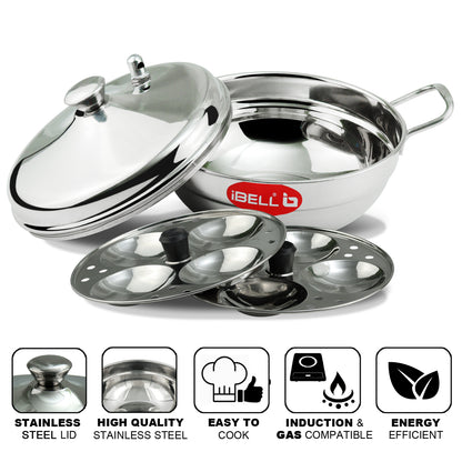 iBELL Stainless Steel Multi Purpose Kadai with 2 Idli Plate (8 Idlis) and Steel Lid, Silver