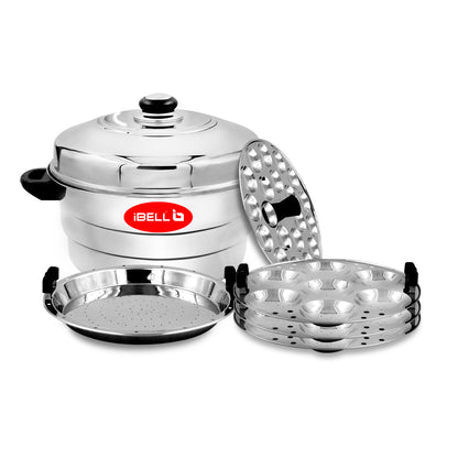 iBELL IP21P3SM High Food Grade Idly Pot Stainless Steel, Idli Pot with Steamer & Mini Idli Plate, 3 Idli Plates / 21 Idlies (Silver)