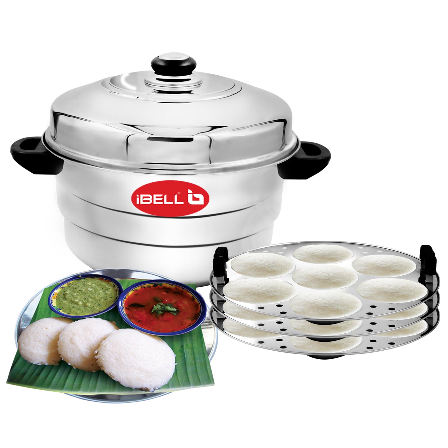 iBELL IP21P3SM High Food Grade Idly Pot Stainless Steel, Idli Pot with Steamer & Mini Idli Plate, 3 Idli Plates / 21 Idlies (Silver)