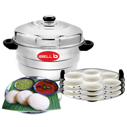 iBELL IP21P3SM High Food Grade Idly Pot Stainless Steel, Idli Pot with Steamer & Mini Idli Plate, 3 Idli Plates / 21 Idlies (Silver)