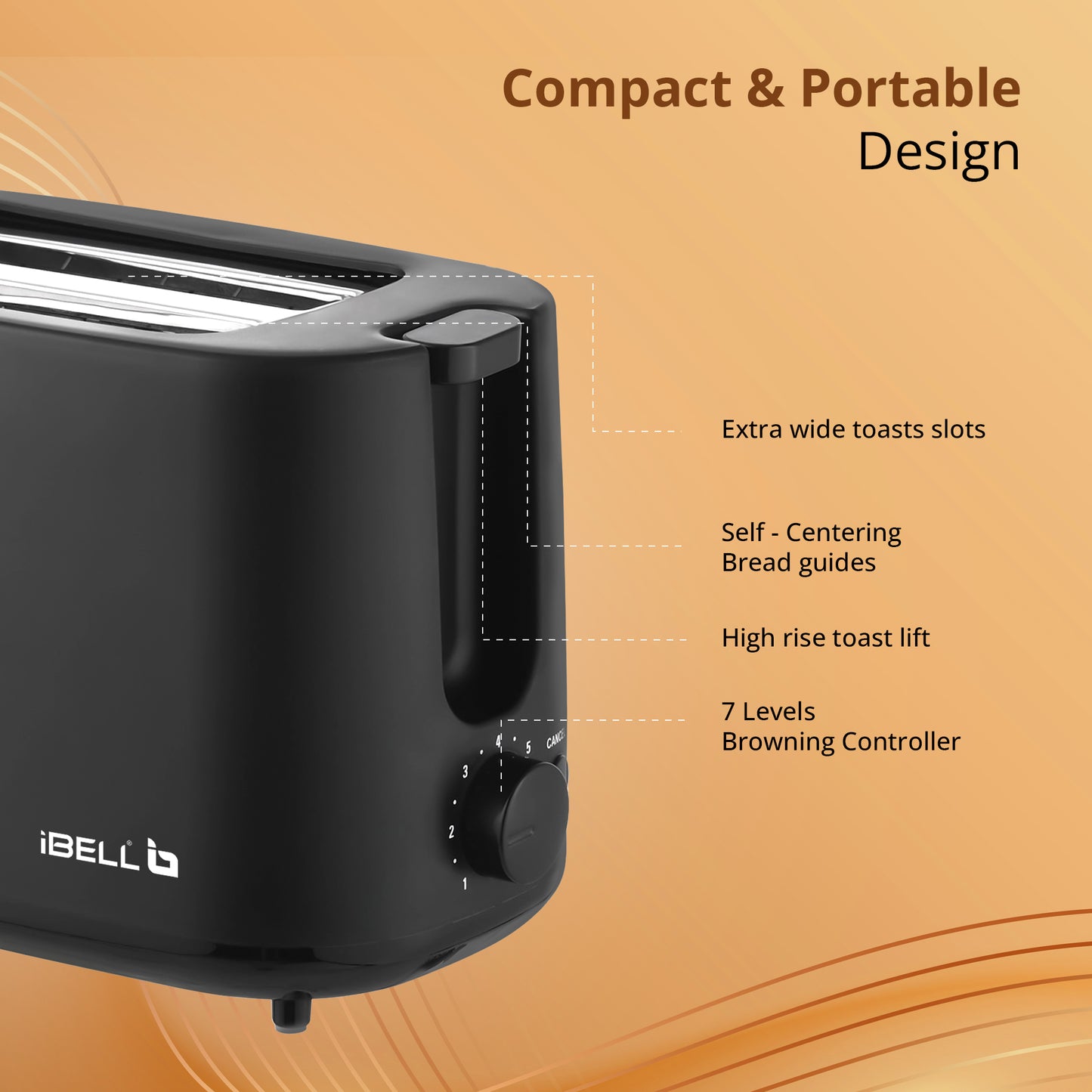 iBELL Toaster CrustoF20 Auto Pop-up Bread Toaster with Removable Crumb Tray, Auto Shutoff, Cancel Button, 7 Levels Browning Controller, Cord Storage, 750 Watts, 2 Year Warranty (Black)