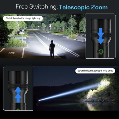 IBELL LUMINEX 700 Rechargeable Torch Light High Power, 6 Light Modes, Telescopic Zoom, Type C Charging, LED Flashlight, Super Bright & Long Distance Range, for Home, Outdoor & Emergency Use (Black)