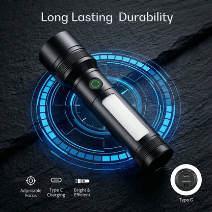 IBELL LUMINEX 700 Rechargeable Torch Light High Power, 6 Light Modes, Telescopic Zoom, Type C Charging, LED Flashlight, Super Bright & Long Distance Range, for Home, Outdoor & Emergency Use (Black)