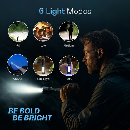 IBELL LUMINEX 700 Rechargeable Torch Light High Power, 6 Light Modes, Telescopic Zoom, Type C Charging, LED Flashlight, Super Bright & Long Distance Range, for Home, Outdoor & Emergency Use (Black)