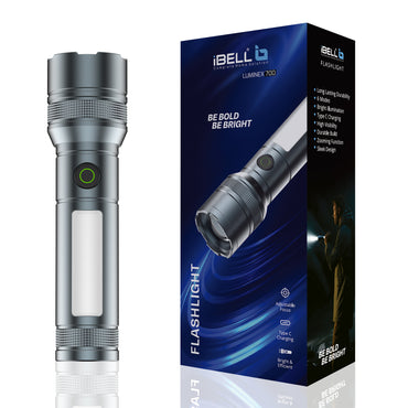 IBELL LUMINEX 700 Rechargeable Torch Light High Power, 6 Light Modes, Telescopic Zoom, Type C Charging, LED Flashlight, Super Bright & Long Distance Range, for Home, Outdoor & Emergency Use (Grey)