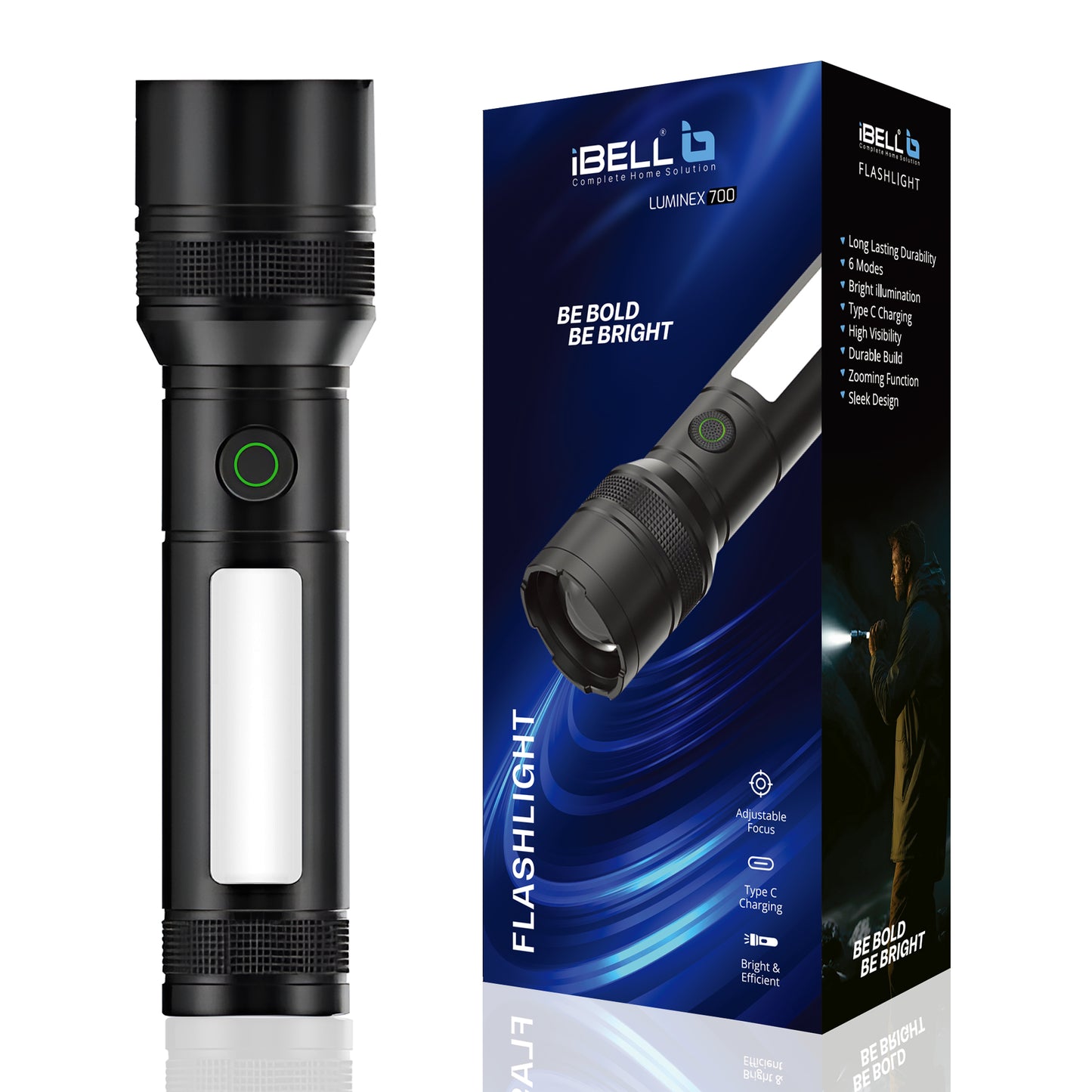 IBELL LUMINEX 700 Rechargeable Torch Light High Power, 6 Light Modes, Telescopic Zoom, Type C Charging, LED Flashlight, Super Bright & Long Distance Range, for Home, Outdoor & Emergency Use (Black)