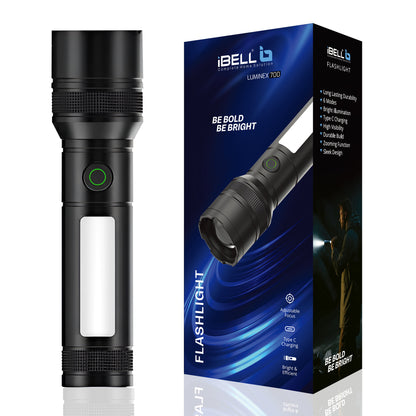 IBELL LUMINEX 700 Rechargeable Torch Light High Power, 6 Light Modes, Telescopic Zoom, Type C Charging, LED Flashlight, Super Bright & Long Distance Range, for Home, Outdoor & Emergency Use (Black)