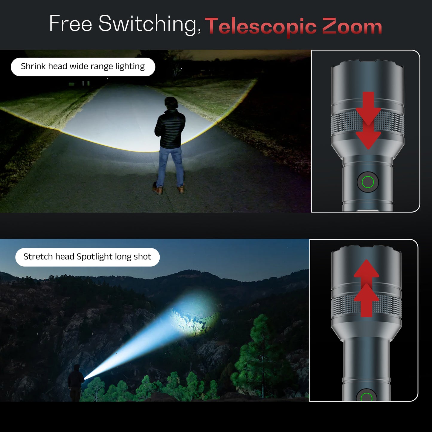 IBELL LUMINEX 800 Rechargeable Torch Light High Power, 6 Light Modes, Telescopic Zoom, Type C Charging, LED Flashlight, Super Bright & Long Distance Range, for Home, Outdoor & Emergency Use (Grey)