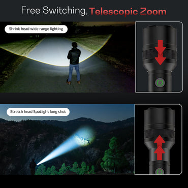 IBELL LUMINEX 800 Rechargeable Torch Light High Power, 6 Light Modes, Telescopic Zoom, Type C Charging, LED Flashlight, Super Bright & Long Distance Range, for Home, Outdoor & Emergency Use (Black))
