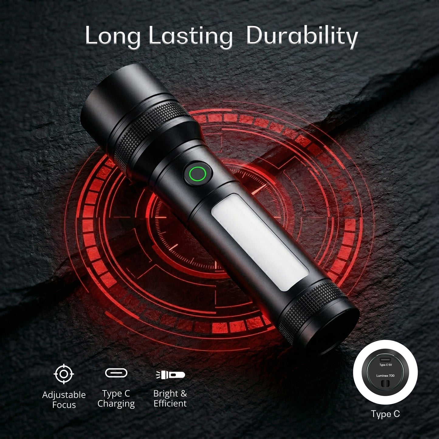 IBELL LUMINEX 800 Rechargeable Torch Light High Power, 6 Light Modes, Telescopic Zoom, Type C Charging, LED Flashlight, Super Bright & Long Distance Range, for Home, Outdoor & Emergency Use (Black))