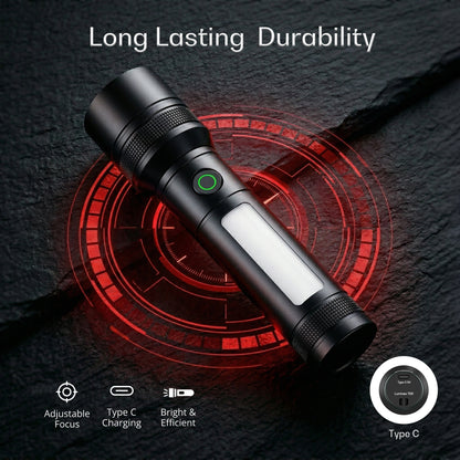 IBELL LUMINEX 800 Rechargeable Torch Light High Power, 6 Light Modes, Telescopic Zoom, Type C Charging, LED Flashlight, Super Bright & Long Distance Range, for Home, Outdoor & Emergency Use (Black))