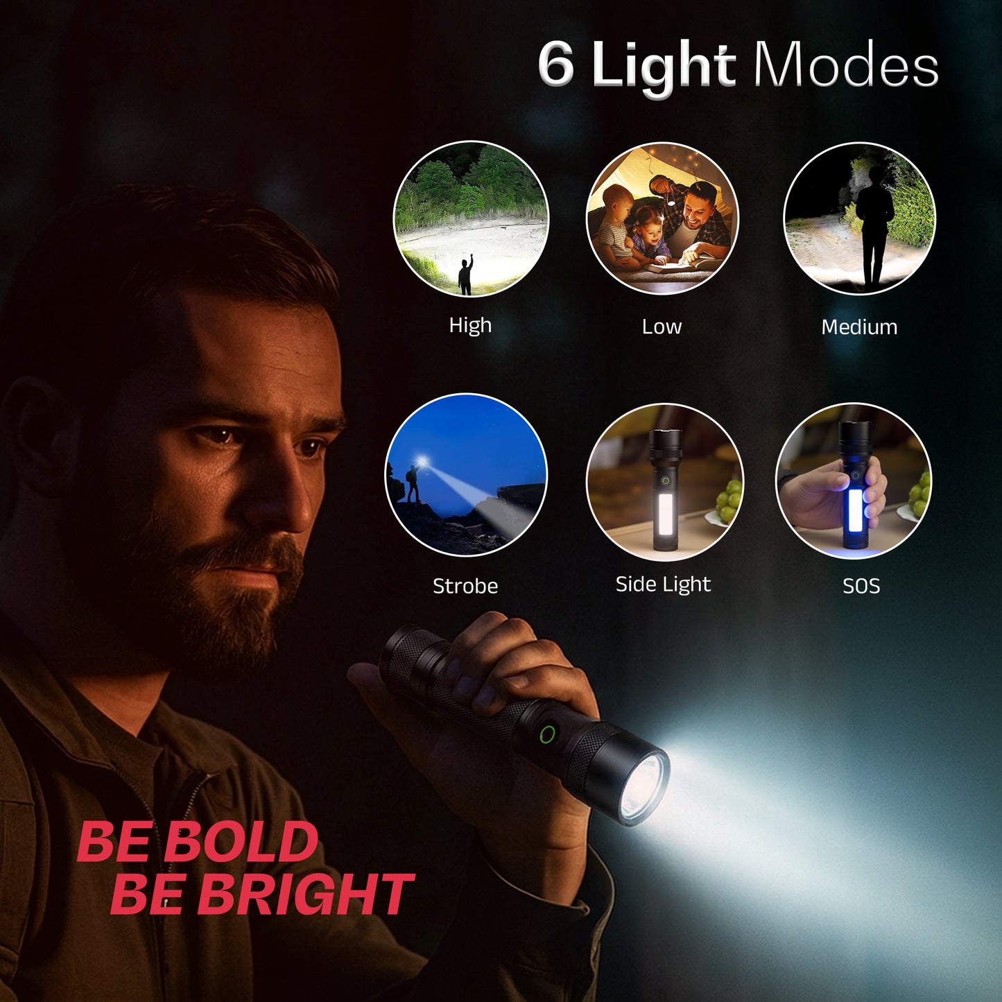 IBELL LUMINEX 800 Rechargeable Torch Light High Power, 6 Light Modes, Telescopic Zoom, Type C Charging, LED Flashlight, Super Bright & Long Distance Range, for Home, Outdoor & Emergency Use (Black))