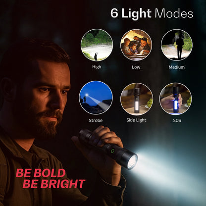 IBELL LUMINEX 800 Rechargeable Torch Light High Power, 6 Light Modes, Telescopic Zoom, Type C Charging, LED Flashlight, Super Bright & Long Distance Range, for Home, Outdoor & Emergency Use (Black))
