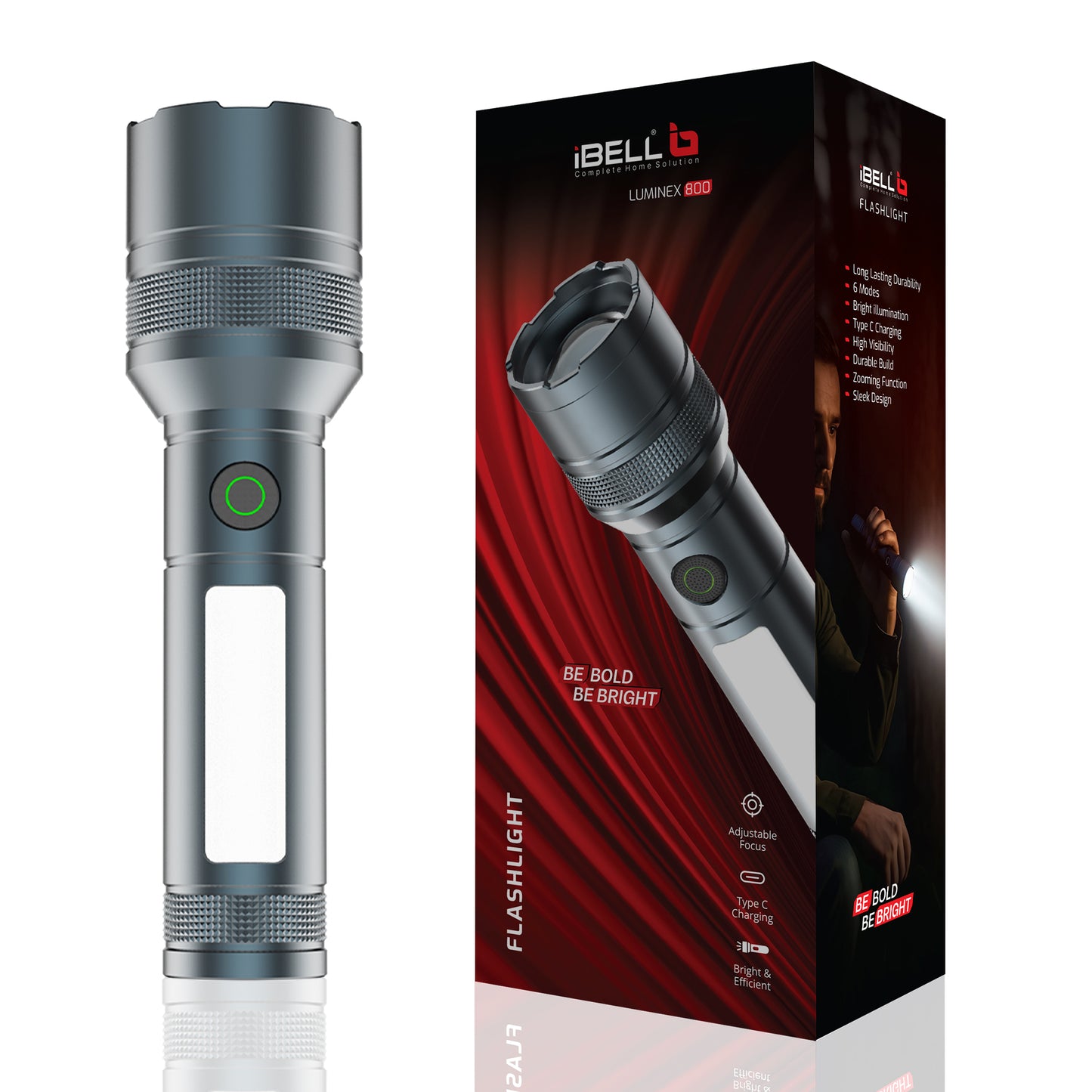 IBELL LUMINEX 800 Rechargeable Torch Light High Power, 6 Light Modes, Telescopic Zoom, Type C Charging, LED Flashlight, Super Bright & Long Distance Range, for Home, Outdoor & Emergency Use (Grey)