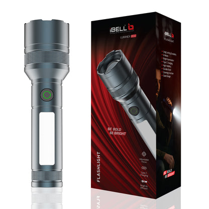 IBELL LUMINEX 800 Rechargeable Torch Light High Power, 6 Light Modes, Telescopic Zoom, Type C Charging, LED Flashlight, Super Bright & Long Distance Range, for Home, Outdoor & Emergency Use (Grey)