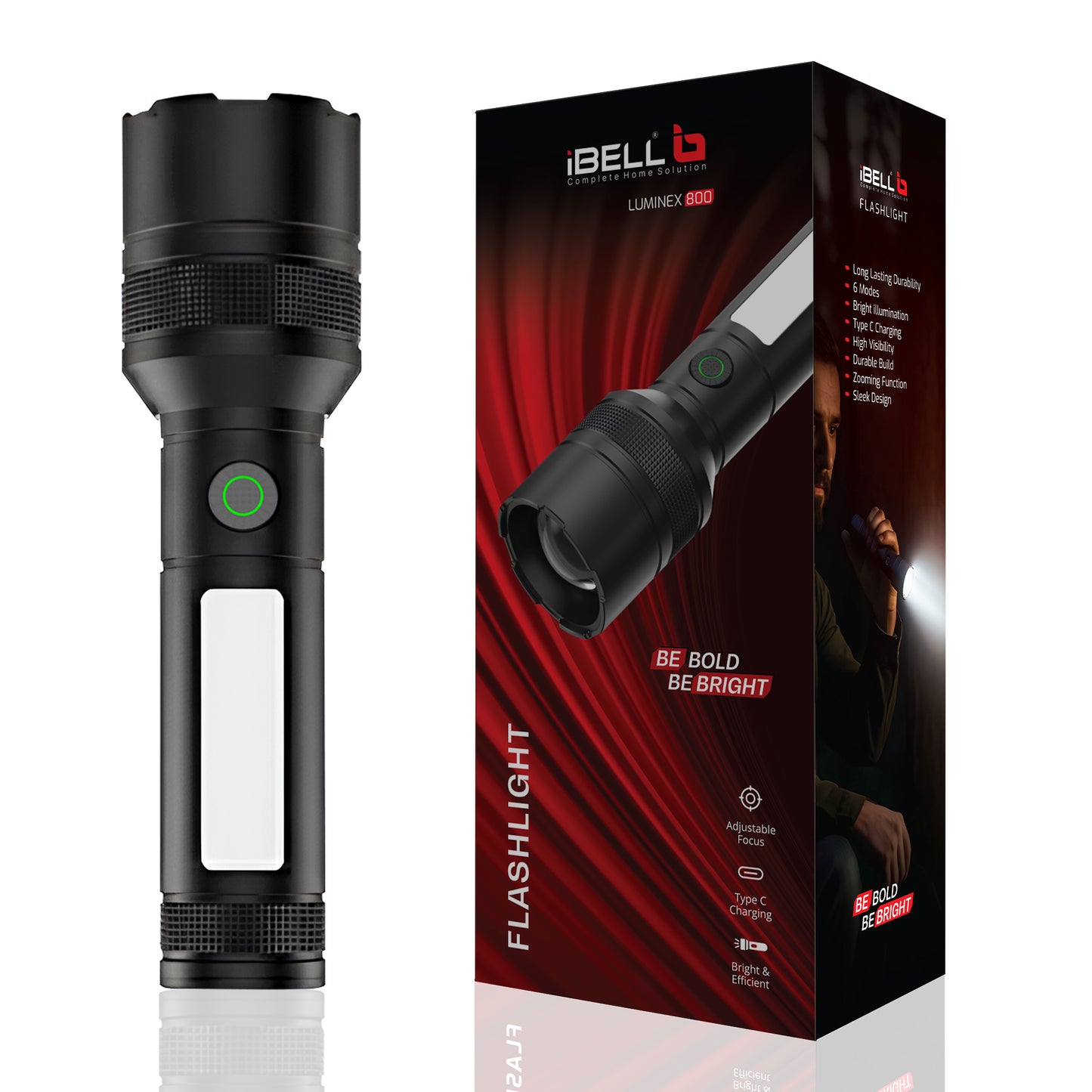 IBELL LUMINEX 800 Rechargeable Torch Light High Power, 6 Light Modes, Telescopic Zoom, Type C Charging, LED Flashlight, Super Bright & Long Distance Range, for Home, Outdoor & Emergency Use (Black))