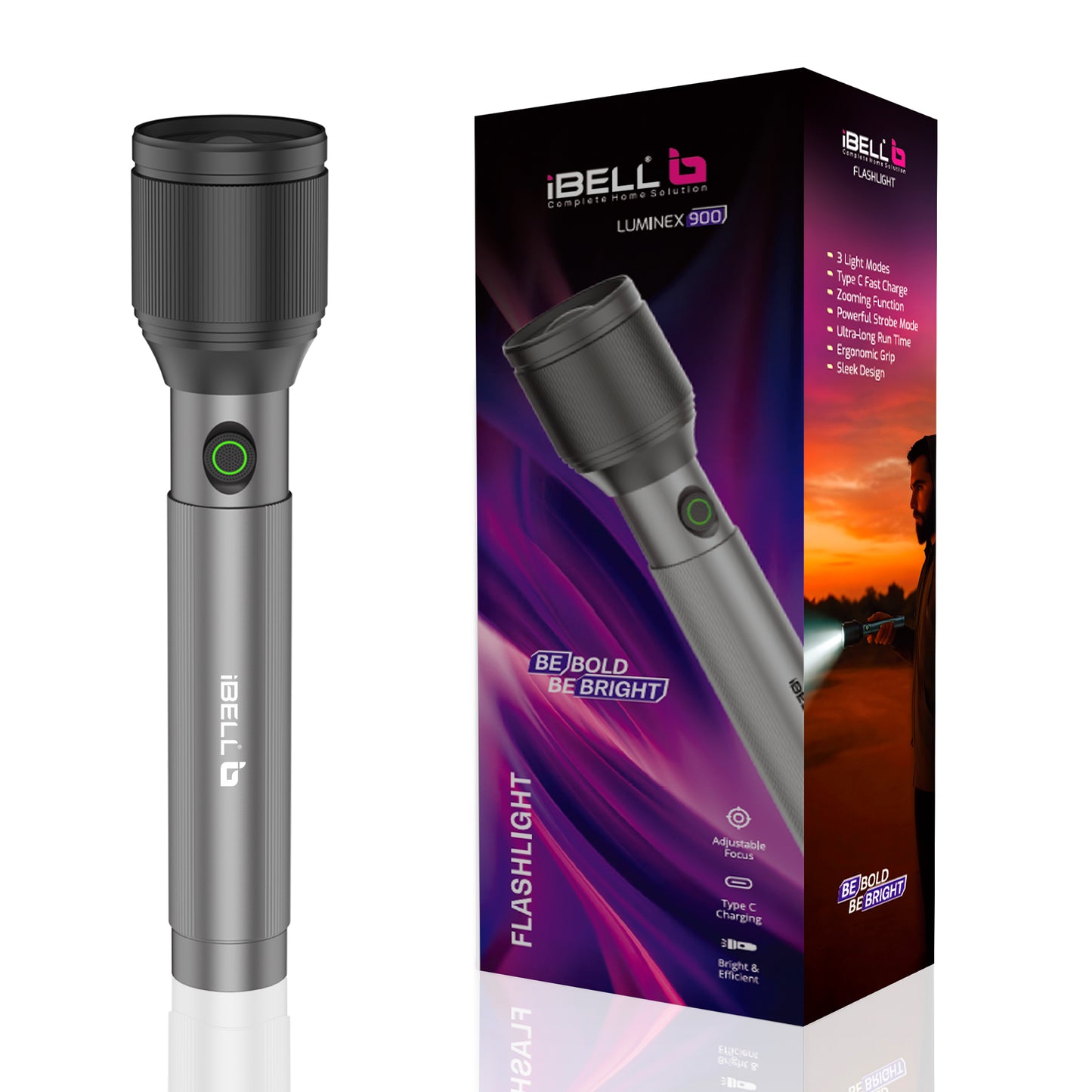 IBELL LUMINEX 900 Rechargeable Torch Light High Power, 3 Light Modes, Telescopic Zoom, Type C Charging, LED Flashlight, Super Bright & Long Distance Range, for Home, Outdoor & Emergency Use (Grey)