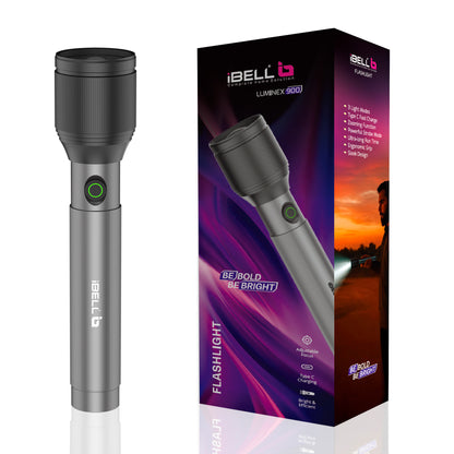 IBELL LUMINEX 900 Rechargeable Torch Light High Power, 3 Light Modes, Telescopic Zoom, Type C Charging, LED Flashlight, Super Bright & Long Distance Range, for Home, Outdoor & Emergency Use (Grey)