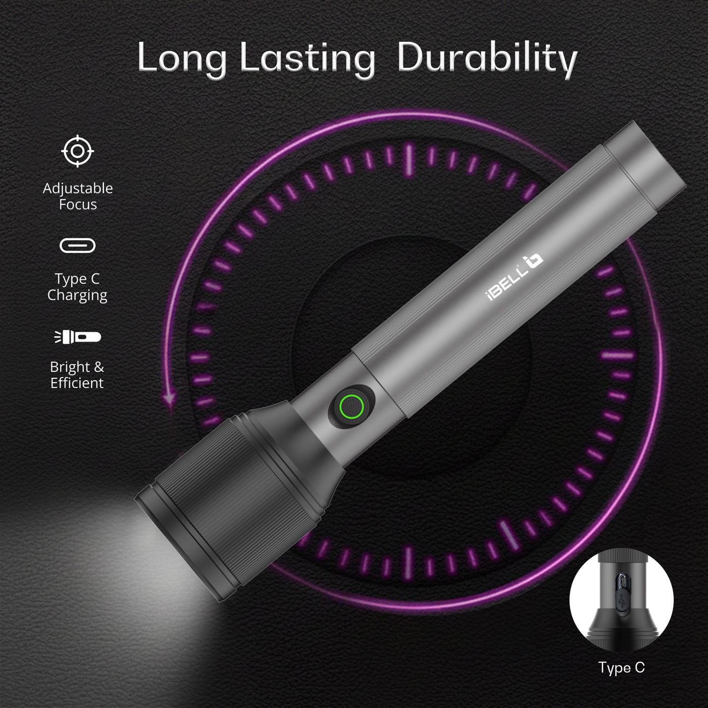 IBELL LUMINEX 900 Rechargeable Torch Light High Power, 3 Light Modes, Telescopic Zoom, Type C Charging, LED Flashlight, Super Bright & Long Distance Range, for Home, Outdoor & Emergency Use (Grey)