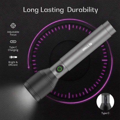 IBELL LUMINEX 900 Rechargeable Torch Light High Power, 3 Light Modes, Telescopic Zoom, Type C Charging, LED Flashlight, Super Bright & Long Distance Range, for Home, Outdoor & Emergency Use (Grey)