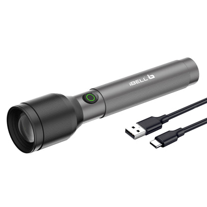 IBELL LUMINEX 900 Rechargeable Torch Light High Power, 3 Light Modes, Telescopic Zoom, Type C Charging, LED Flashlight, Super Bright & Long Distance Range, for Home, Outdoor & Emergency Use (Grey)