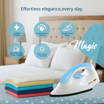 IBELL MAGIC 1000 Watts Dry Iron for Clothes with 3 Years Warranty, Non-Stick Soleplate, Adjustable Temperature Control, Shock Proof Body, Pilot Lamp Indicator, Compact and Lightweight Design