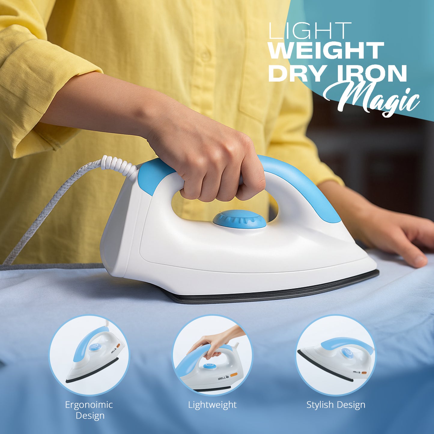 IBELL MAGIC 1000 Watts Dry Iron for Clothes with 3 Years Warranty, Non-Stick Soleplate, Adjustable Temperature Control, Shock Proof Body, Pilot Lamp Indicator, Compact and Lightweight Design