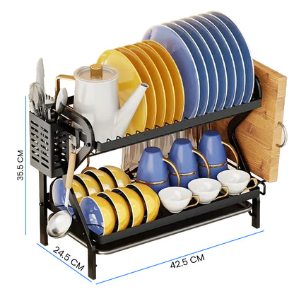 IBELL Carbon Steel DR243 Dish Drying Rack, 2-Tier Bartan Stand/Drainer Shelf/Kitchen Organizer/Counter for Utensils Storage (Black), 42.5x24.5x35.5 cm