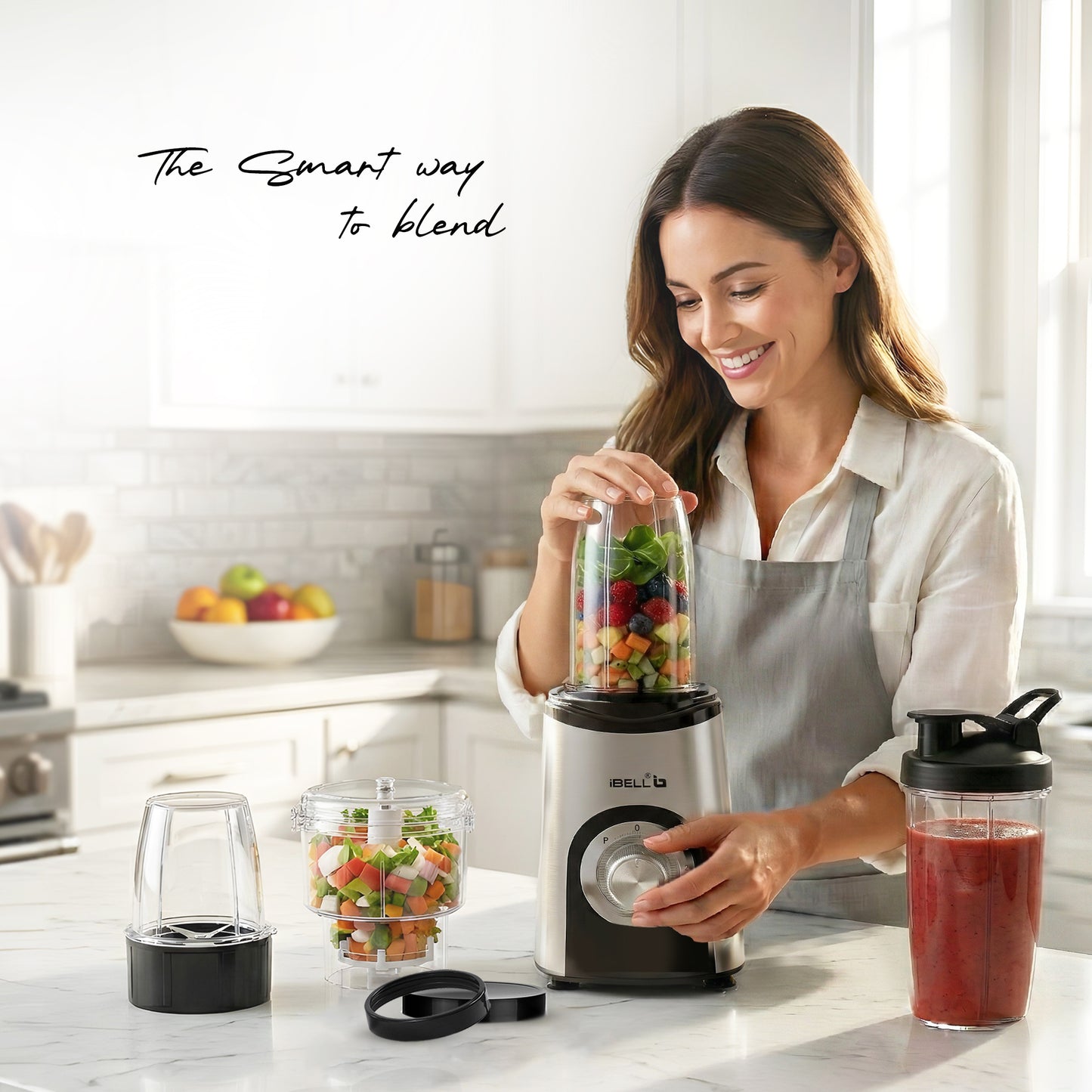 iBELL Juicer Mixer Grinder For Home, Smoothie Maker, 600W,2 Blades, 3 Modes, 3 Jars + Chopper, 100% Copper Motor, 24,000 RPM, Nutri Blender With Stainless Steel Blades (Silver)