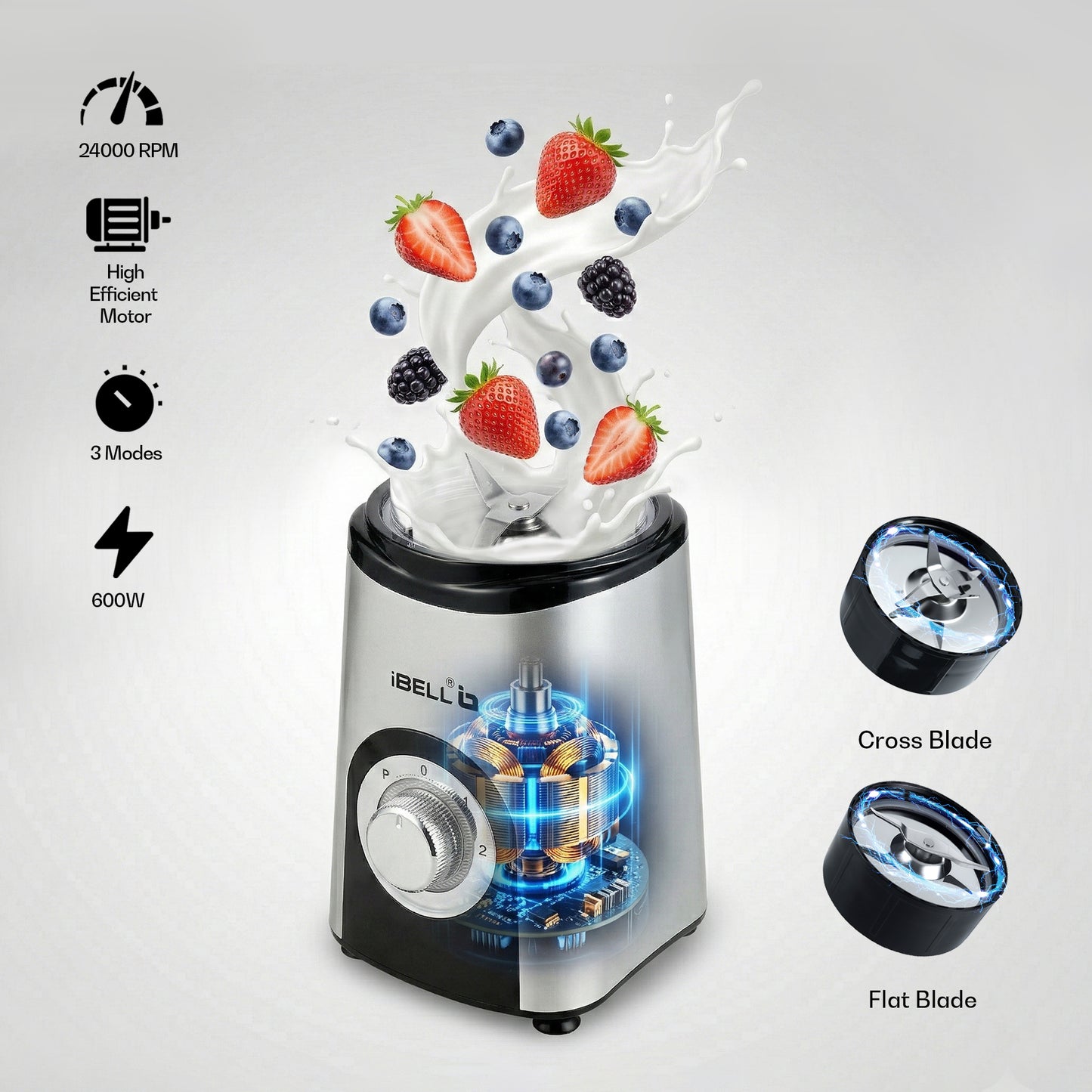 iBELL Juicer Mixer Grinder For Home, Smoothie Maker, 600W,2 Blades, 3 Modes, 3 Jars + Chopper, 100% Copper Motor, 24,000 RPM, Nutri Blender With Stainless Steel Blades (Silver)