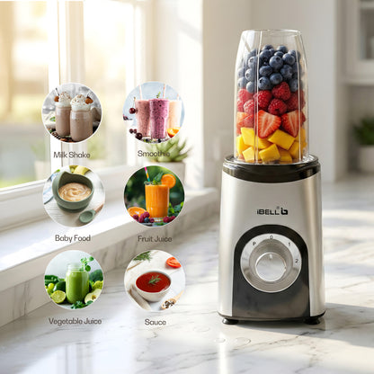 iBELL Juicer Mixer Grinder For Home, Smoothie Maker, 600W,2 Blades, 3 Modes, 3 Jars + Chopper, 100% Copper Motor, 24,000 RPM, Nutri Blender With Stainless Steel Blades (Silver)