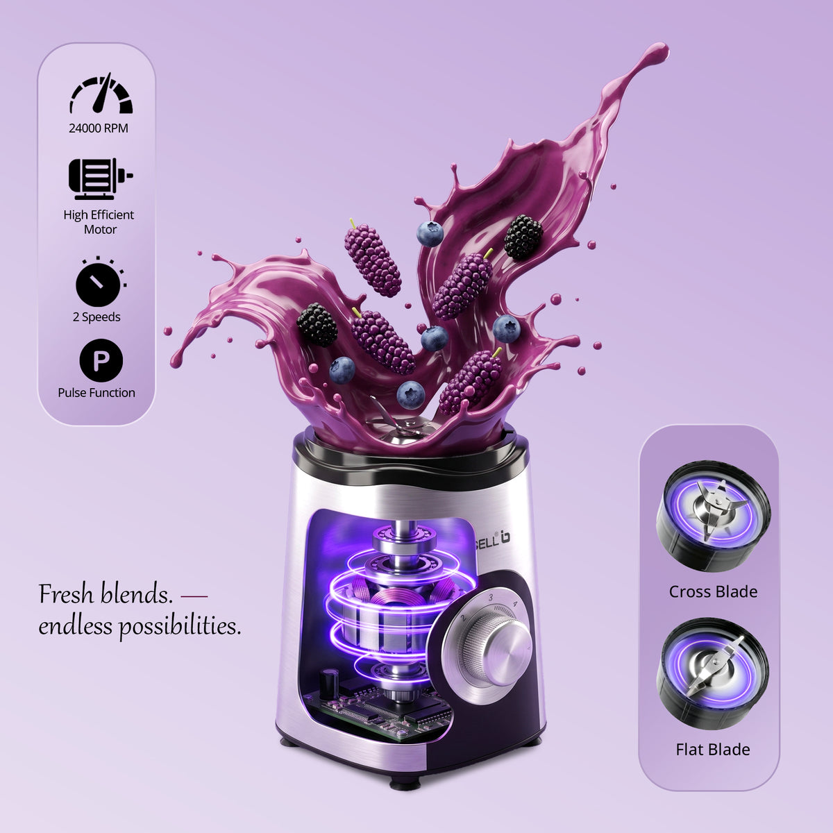 iBELL Nutri Core 5Q Plus 600W Nutri Blender Mixer Grinder & Juicer with 24000 RPM High-Speed Motor, 4 Multi-Purpose Jars with chopper, 2-Speed & Pulse Function for Smoothies (Silver)