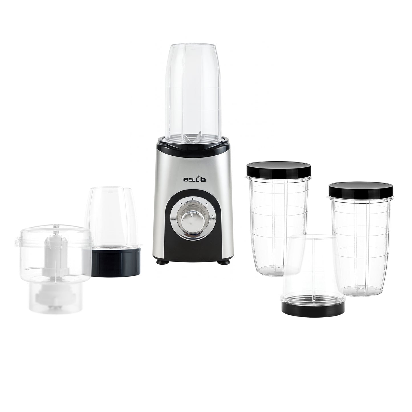 iBELL Juicer Mixer Grinder For Home, Smoothie Maker, 600W,2 Blades, 3 Modes, 5 Jars + Chopper, 100% Copper Motor, 24,000 RPM, Nutri Blender With Stainless Steel Blades (Silver)