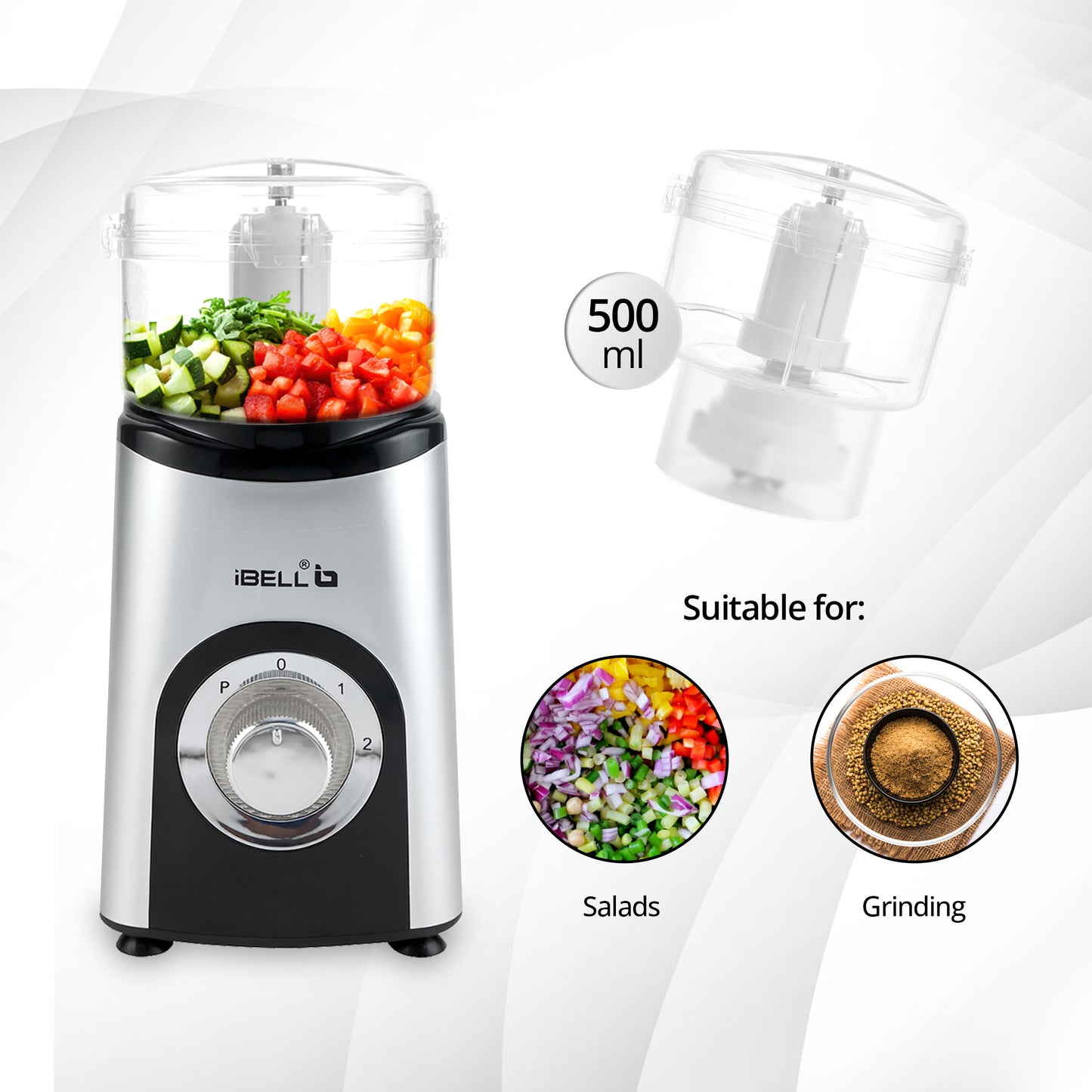 iBELL Juicer Mixer Grinder For Home, Smoothie Maker, 600W,2 Blades, 3 Modes, 5 Jars + Chopper, 100% Copper Motor, 24,000 RPM, Nutri Blender With Stainless Steel Blades (Silver)