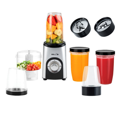 iBELL Juicer Mixer Grinder For Home, Smoothie Maker, 600W,2 Blades, 3 Modes, 5 Jars + Chopper, 100% Copper Motor, 24,000 RPM, Nutri Blender With Stainless Steel Blades (Silver)